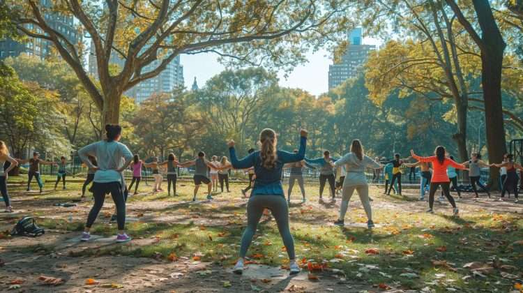 A fitness instructor leading a group exercise class in a park Bootcamp amersfoort booking software wordpress